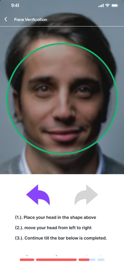 Face verification screen with a guide circle and head-turn instructions