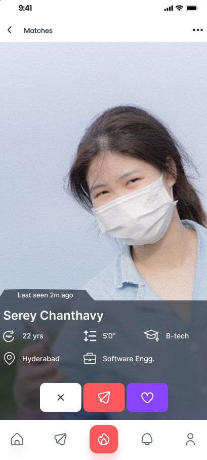 Restart Matrimony app showing a match card with age, height, education, city and profession